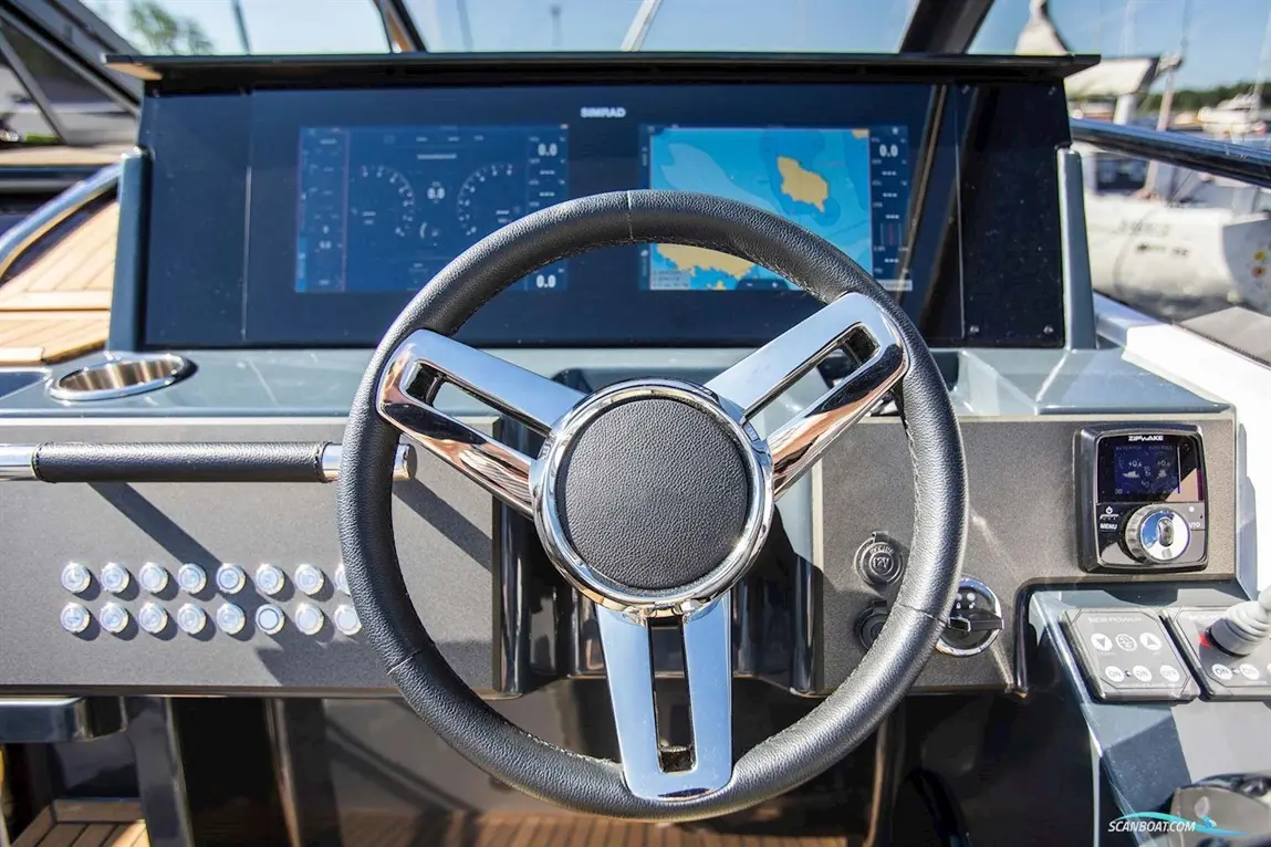 Boat dashboard with a steering wheel, digital display, controls, and navigation map, designed for marine navigation.